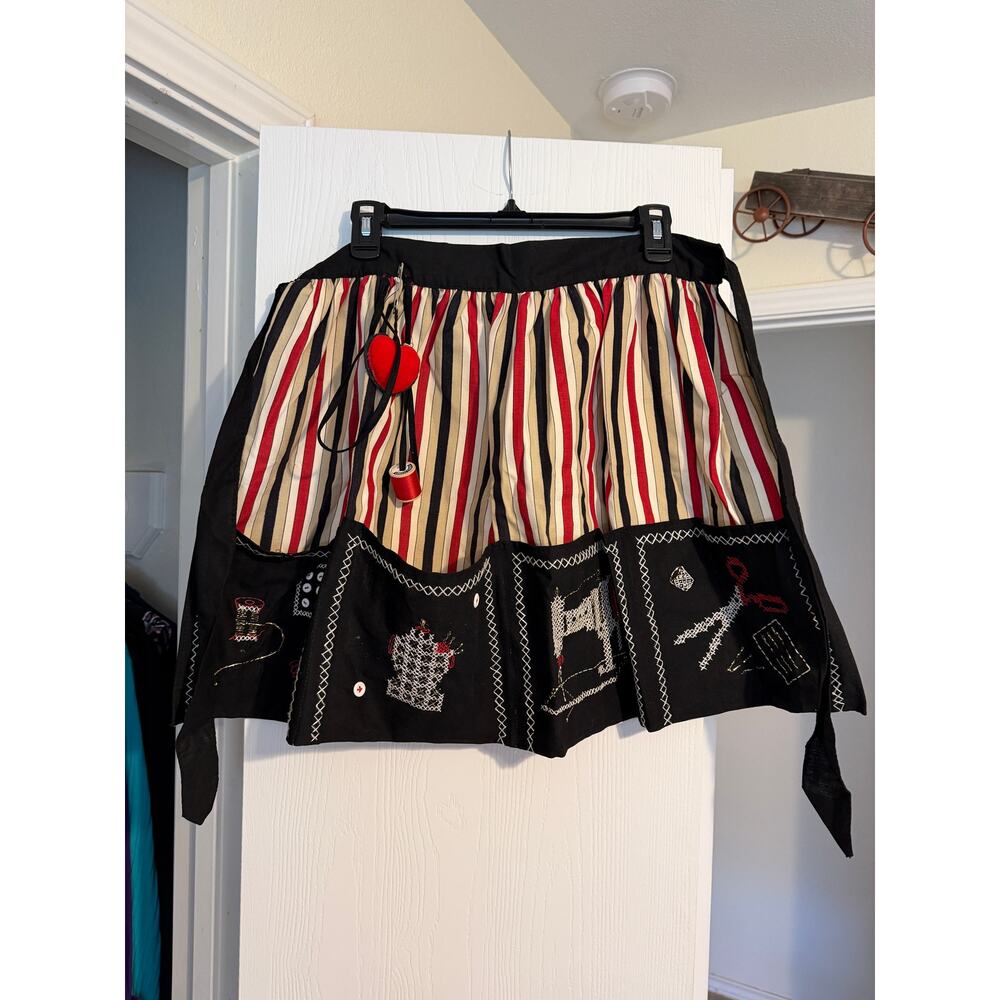 Handmade Sewing Utility Apron with Multiple Pockets & Embroidered Sewing Motifs